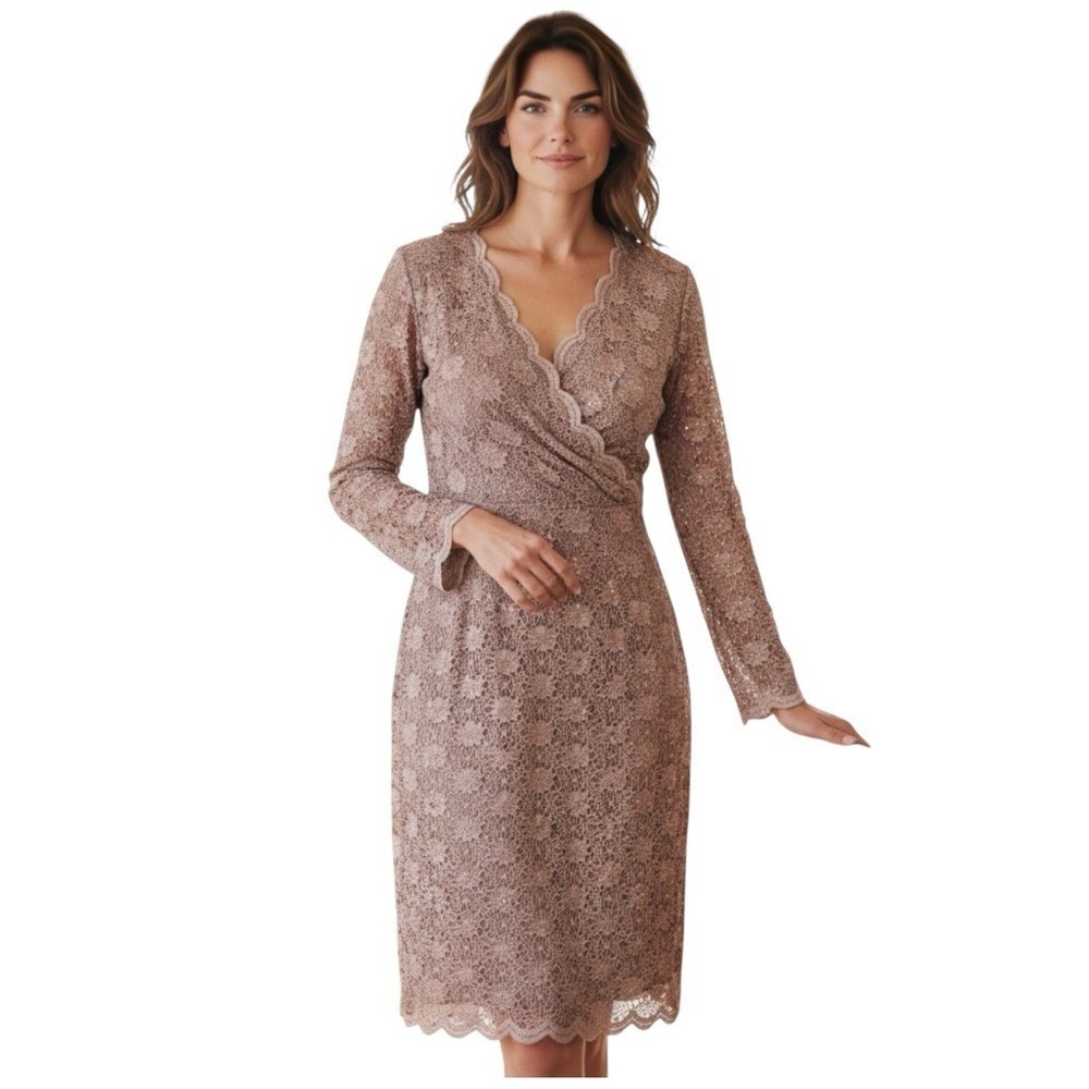 Marina‎ Long Sleeve Lace Sequins Dress Vneckline, Color Taupe, Size 8
